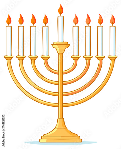 Golden menorah with eight lit candles and a central shamash candle burning brightly