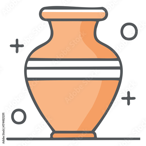 Stylized terracotta ancient vase with decorative bands and abstract embellishments