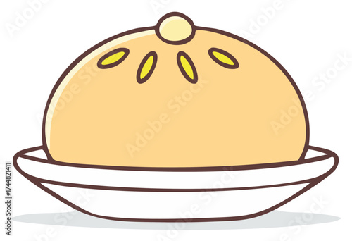 Cartoon illustration of a fresh steamed bun on a white plate.