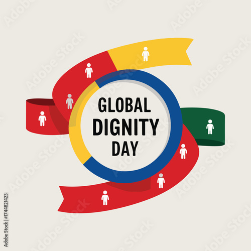 Creative Global Dignity Day design in solid color vector style with multicultural people, symbolic hearts, unity icons, and empowerment motifs perfect for social awareness and educational content