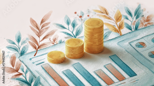 Stacked gold coin piles on financial chart with botanical watercolor accents expressing growth and prosperity
