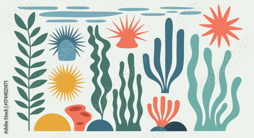 Abstract Underwater Coral Reef Plant Life Collection.