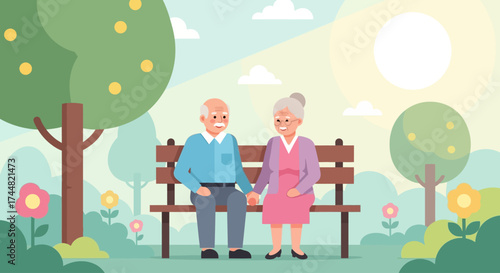 This flat design illustration portrays an elderly couple peacefully enjoying nature in a garden, symbolizing companionship and the therapeutic benefits of the outdoors for seniors.