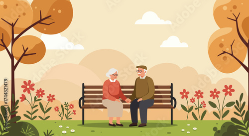 This flat design illustration portrays an elderly couple peacefully enjoying nature in a garden, symbolizing companionship and the therapeutic benefits of the outdoors for seniors.