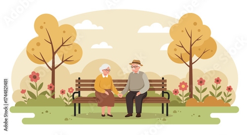 This flat design illustration portrays an elderly couple peacefully enjoying nature in a garden, symbolizing companionship and the therapeutic benefits of the outdoors for seniors.