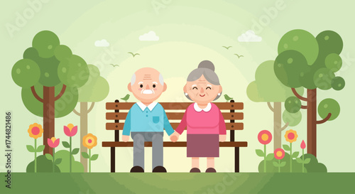 This flat design illustration portrays an elderly couple peacefully enjoying nature in a garden, symbolizing companionship and the therapeutic benefits of the outdoors for seniors.