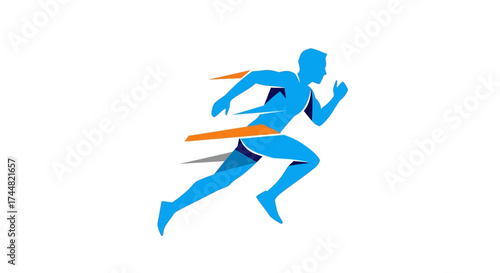 Dynamic blue runner dashes to the finish line, representing speed, athletic achievement, and peak performance in sports and health campaigns