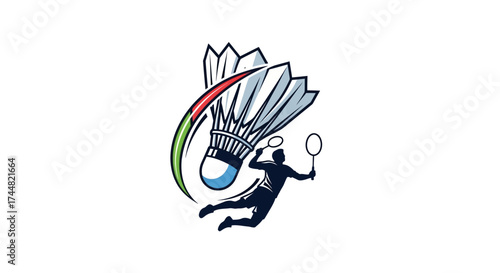 Dynamic badminton player silhouette leaping for a smash with vibrant shuttlecock, perfect for sports marketing and athletic brand visuals