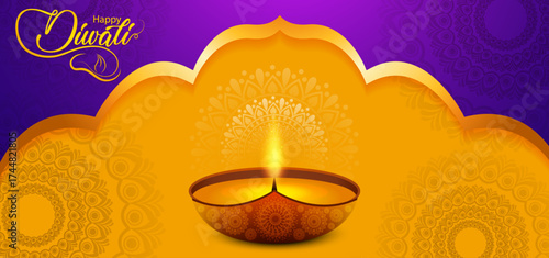Diwali Festival Background with Ornate Glowing Diya Lamp, Bright Flame, Elegant Purple and Gold Mandala Pattern, Luxury Indian Celebration Artwork and Festive Light Design