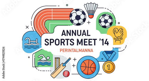 Exciting annual sports meet illustration features swimming, running, basketball, soccer, cricket, and badminton for energetic campaign designs
