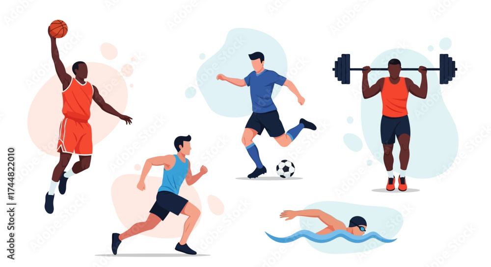 Fototapeta premium Dynamic athletes training in various sports like basketball, soccer, running, swimming, and weightlifting for fitness and healthy lifestyle goals