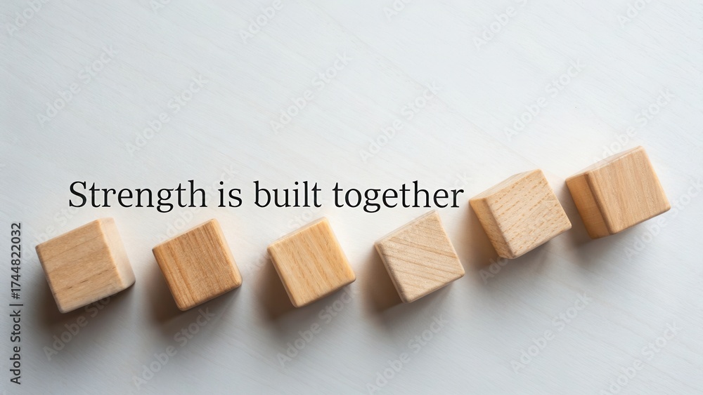 Naklejka premium Inspirational wooden blocks aligned in a row with motivational quote emphasizing teamwork and collaboration for success