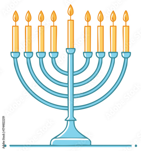 Nine Branch Hanukkah Menorah with Lit Candles Symbolic of Jewish Holiday Celebration