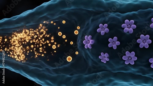 Detailed 3D animation of a synapse firing, showing neurotransmitters being released and binding to receptors.