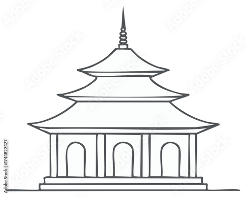 Hand drawn outline illustration of a traditional Asian pagoda temple