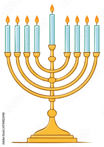 Cartoon illustration of a golden Hanukkah menorah with nine lit candles for the Jewish holiday celebration