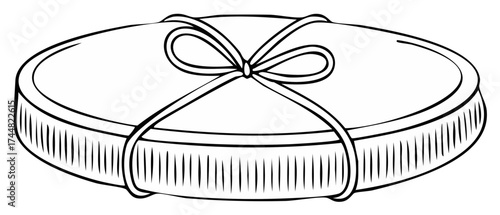 Simple Black and White Line Art of a Round Gift Box Tied with a Ribbon and Bow