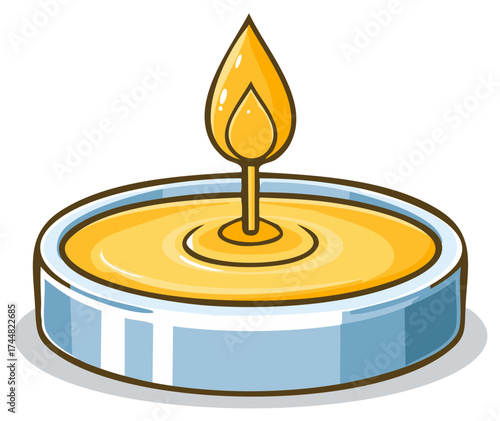 Animated illustration of a burning tea light candle with golden flame and melting wax