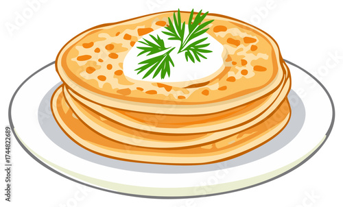 Stack of golden pancakes on a white plate, garnished with sour cream and fresh dill, traditional breakfast