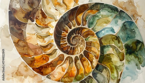 Ilustración en acuarela de espiral orgánica inspirada en concha marina con tonos tierra y azules suaves