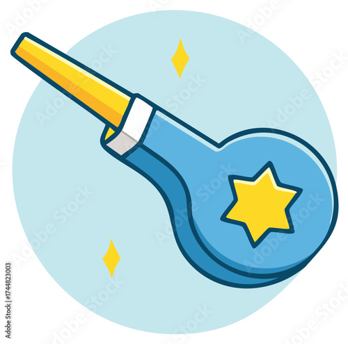 Cute cartoon party horn blower with a yellow star for birthday celebration