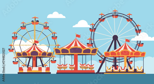 Amusement park scene featuring Ferris wheels and carousel rides for entertainment.