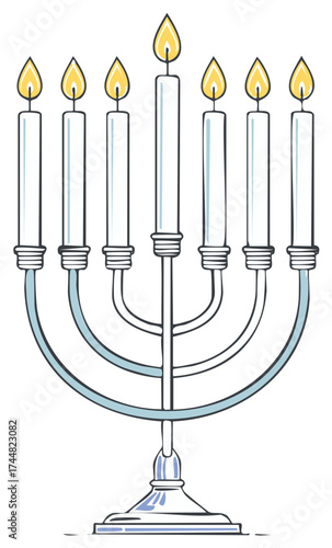 Illustrated menorah with lit candles for Hanukkah celebration