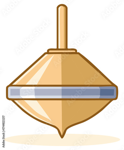 Illustration of a spinning top toy in beige and blue with a pointed tip and handle for playing