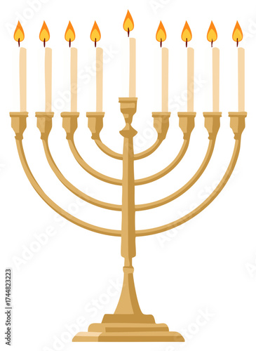 Golden Hanukkah menorah with nine lit candles glowing brightly for celebration