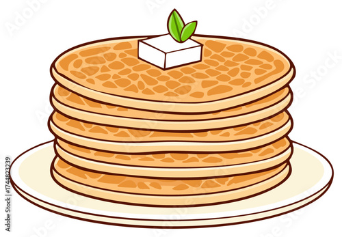 Stack of fluffy pancakes with butter and leaves on a plate. Delicious breakfast food.
