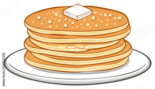 Stacked pancakes with butter on a white plate vector illustration for breakfast concept.
