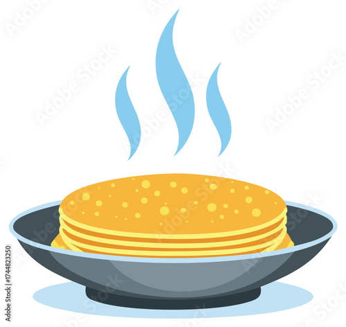 Freshly cooked stack of hot pancakes steaming on a plate vector illustration