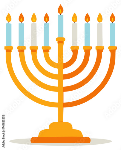 Cartoon menorah with lit candles for Hanukkah celebration