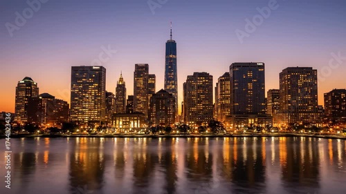 Sunset Over City Skyline with Reflections in Calm Water