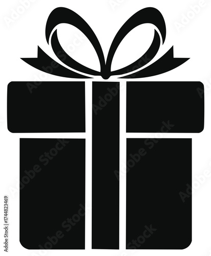 Stylized black silhouette of a gift box with a ribbon bow for celebrations and occasions
