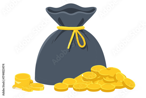 Money bag filled with gold coins pile
