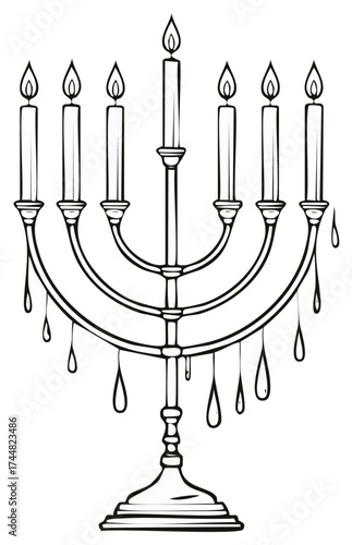 Menorah Outline Illustration with Lit Candles and Dripping Wax, Graphic Design