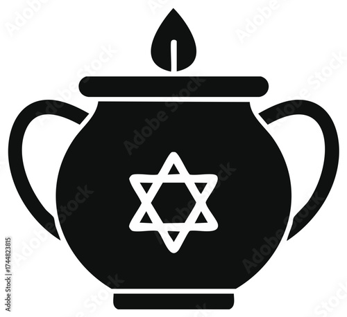 Black silhouette of a Hanukkah menorah with a Star of David detail