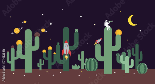 Cactus landscape with rocket and dog under the night sky.