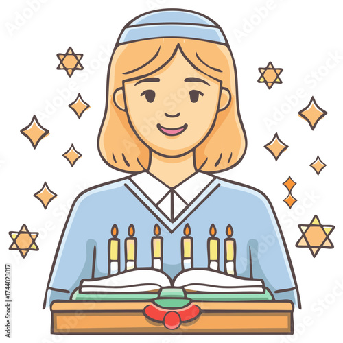 Joyful Child with Kippah Book and Ceremonial Candles Celebrating Jewish Tradition