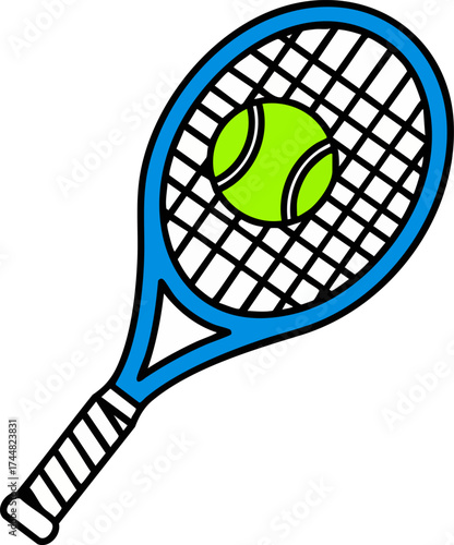 Blue tennis racket with a green ball cartoon illustration.