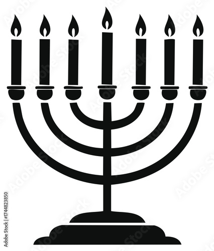 Jewish Temple Menorah with seven burning candles black silhouette icon
