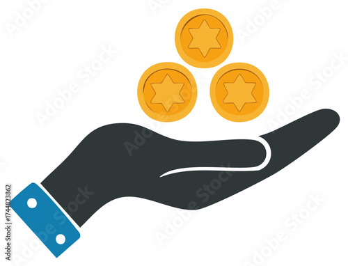 Hand Offering Gold Coins with Star Symbols, Concept of Giving or Wealth