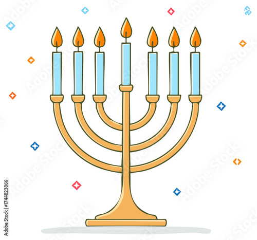 Golden seven branch menorah with burning candles. A Jewish symbol for the Hanukkah holiday celebration.