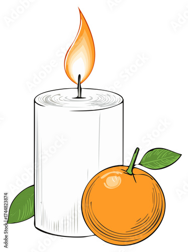 Lit candle with flame and orange fruit. Vector hand drawn illustration