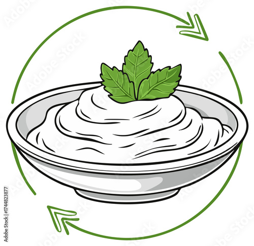 Bowl with Creamy Dip Topped with Mint Leaves and Circulation Arrows Food Illustration