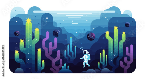 Astronaut exploring alien desert landscape with strange plants.