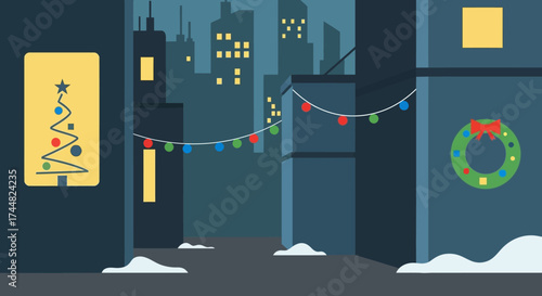 Christmas decorations in a city alleyway at night.