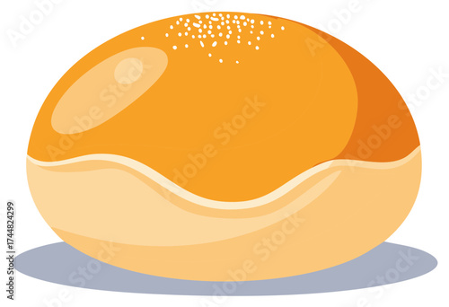 Delicious cartoon sweet bun with white sprinkles, golden brown baked dessert or breakfast food