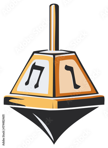 Stylized illustration of a golden dreidel toy for the Jewish holiday of Hanukkah
